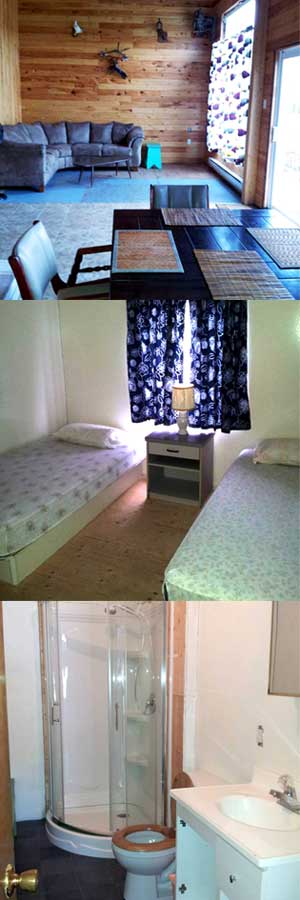 cuisine, chalet, table, armoires, chaises, toilette, douche, lit