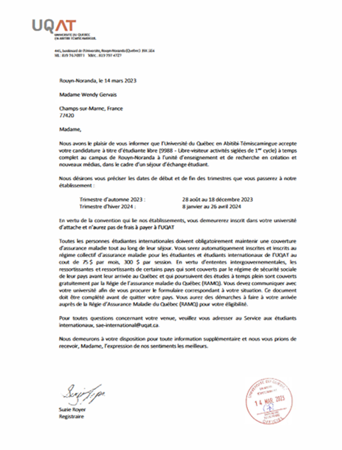 Lettre d'acceptation, clic pour afficher les informations