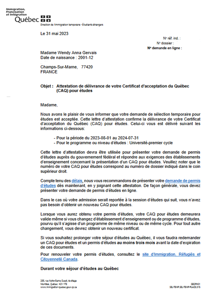 Certificat d'acceptaion du Québec, clic pour afficher les informations