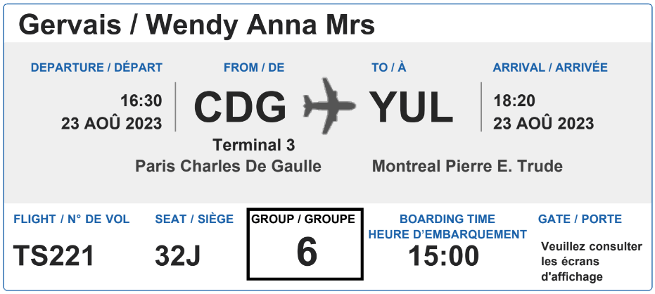 Billet d'avion Paris-Montréal août 2023